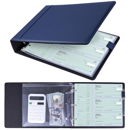 Antner 3 Ring Personal Check Binder for 3-on-a-Page End-Stub Deskbook & Personal 3 Holes or 9 Holes Small Size Checks, PU Leather Check Holder Checkbook Binder Cover with Zipper Pouch, Navy Blue - color: Navy Blue