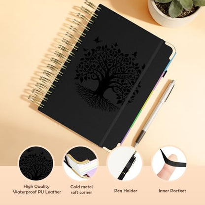 QIYVLOS Hardcover Spiral Notebook, B5 Journal with Removable Dividers Tabs, 5 Subject Notebook College Ruled, 320 Pages 8"x10" Leather Notebooks for Work School Study, Lined Journal for Women, Black - color: B5/Black
