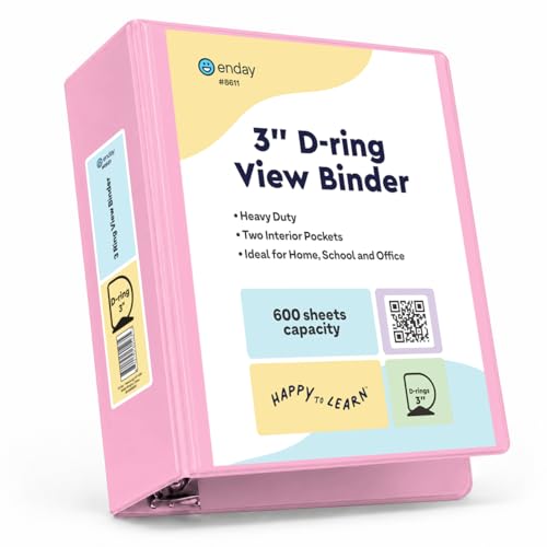 Enday 3 Inch Binder, Pink - 3 Inch 3 Ring Binder, D-Ring Pastel with Clear View Cover for Letter Size 8.5 x 11'' Paper & 2 Inside Pockets, Ideal for School Supplies, Office, and Home - color: Pink, size: 3-Inch