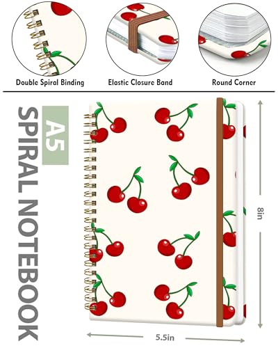Spiral Journal Notebook for Women, Hardcover A5 College Ruled Notebook, 60 Sheet, Thick Paper, Cute Lined Journal for School, Office & Work, 6 x 8.4 in(Cute Cherry) - color: Cute Cherry