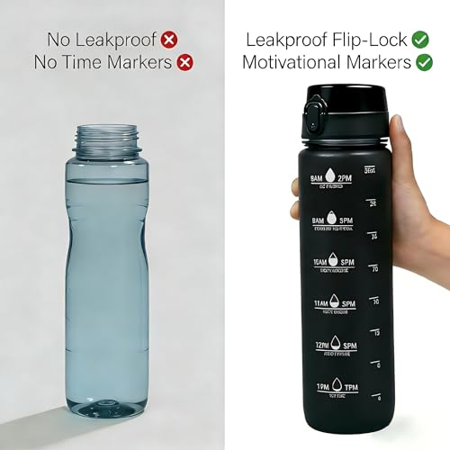 32oz Water Bottle with Time Marker, Leakproof & Durable BPA Free Wide Mouth Bottle for Gym, Travel, Home, School, Office (1 Bottle) (Black) - color: Black