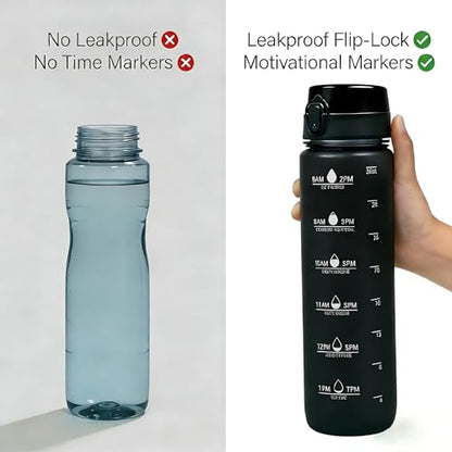 32oz Water Bottle with Time Marker, Leakproof & Durable BPA Free Wide Mouth Bottle for Gym, Travel, Home, School, Office (1 Bottle) (Black) - color: Black