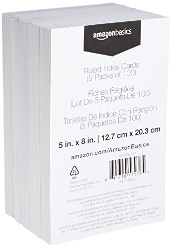 Amazon Basics Ruled Lined Index Cards for Studying and Note Taking, White, 5" x 8", 500 Count (5 Pack of 100) - size: 100 Count (Pack of 5), style: Ruled, 5x8, 500 Count