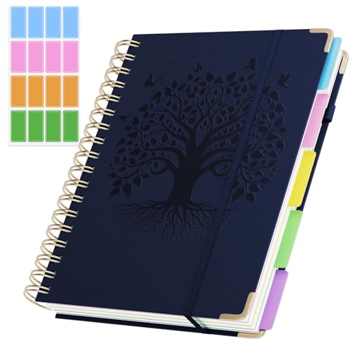 QIYVLOS Hardcover Spiral Notebook, B5 Journal with Removable Dividers Tabs, 5 Subject Notebook College Ruled, 320 Pages 8"x10" Leather Notebooks for Work School Study, Lined Journal for Women, Navy - color: B5/Navy