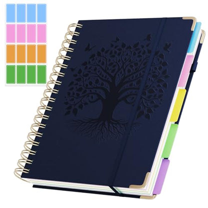QIYVLOS Hardcover Spiral Notebook, B5 Journal with Removable Dividers Tabs, 5 Subject Notebook College Ruled, 320 Pages 8"x10" Leather Notebooks for Work School Study, Lined Journal for Women, Navy - color: B5/Navy