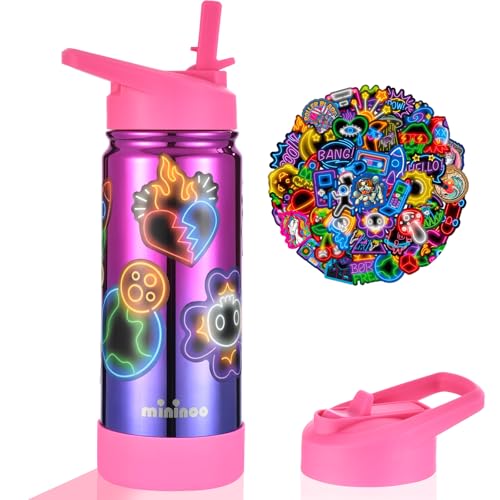 Mininoo Kids Water Bottle, Girls Water Bottles for School, 16oz Stainless Steel Metal Water Bottle with Straw Lid - color: 16oz Specular Punch/Purple, size: 16 Ounces