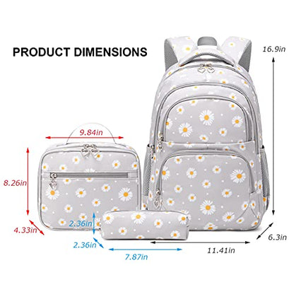 Glodwheat Daisy Printed Backpack For Girls- 3Pc Set With Lunch Box & Pencil Case, Lightweight Water-Resistant Bookbag For Elementary School - color: Grey