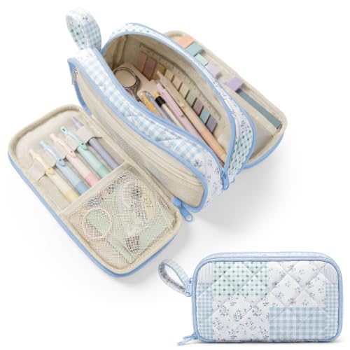 Shirabags Cute Quilted Pencil Case for Girls, 3 Compartment Organizer | Large Capacity Pencil Case,Soft Quilted Floral Design with 3 Zipper Compartments For School Office Travel (Blue Green Patchwork) - color: Blue Green Patchwork