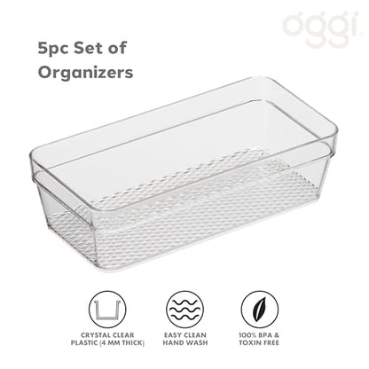 Oggi Set of 5 Clear Drawer Organizers - (1) 3x6.25, (2) 3x9.5, (2) 3x12.5 - Ideal for Organizing Kitchen Drawers, Office, Desk, Silverware, Kitchen Utensils, Cosmetics and Bathrooms - size: Set of 5