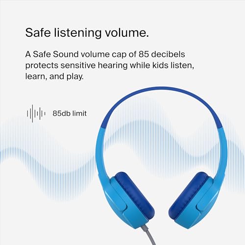 Belkin SoundForm Mini Kids Wired Headphones with Built-in Microphone & Fun Stickers, 85dB Safe Volume Limit – for Online Learning, Travel, Compatible w/iPhone 15, iPad, Galaxy S23, & More - Blue - color: Blue, style: Wired