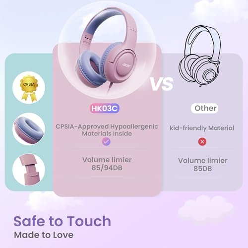 Acer USB-C Kids Headphones - 85/94dB Safe Volume Limited, Foldable Wired Over Ear Headphones for Travel, Toddler Headphones for School, Travel, iPad, Tablet, Purple Pink, HK03C - color: USB-C Purple Pink