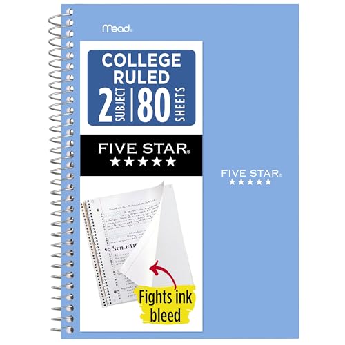 Five Star Spiral Notebook, 2 Subject, College Ruled Paper, 6" x 9.5", 80 Sheets, Blue (840029CG1) - color: Blue, size: Pack of 1