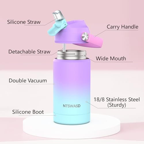 Girls Insulated Water Bottle with Straw,12 oz Kids Cups with Stainless Steel Leak Proof for School Daycare(Purple) - color: A12.Purple, style: 1Pack