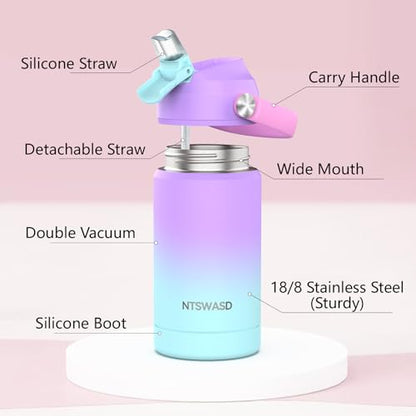 Girls Insulated Water Bottle with Straw,12 oz Kids Cups with Stainless Steel Leak Proof for School Daycare(Purple) - color: A12.Purple, style: 1Pack