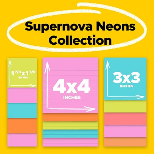 Post-it Super Sticky Notes Multi-Size Supernova Neons | Lined | Double Sticking Power | 15 Pads, Pack of 12 - size: 11.9" x 9.8" (Pack of 12)