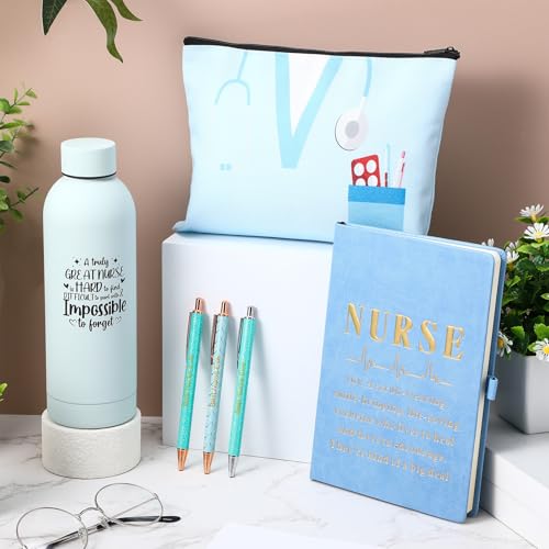 6 Pcs Nurse Gifts Set for Women Men, Rn Appreciation Gift for Nurses Week Christmas Graduation Thanksgiving, 16oz Vacuum Insulated Water Bottle, Makeup Bag, Notebook, Ballpoint Pens(Blue) - color: Blue