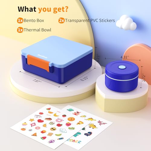 Bento Box for Kids, Lunch Box with Sticker and Leak-Proof Vacuum Food Jar, 4 Compartment BPA-Free Toddler Bento Box for School, Machine-Washable and Removable Compartments for Boy(Blue) - color: Blue