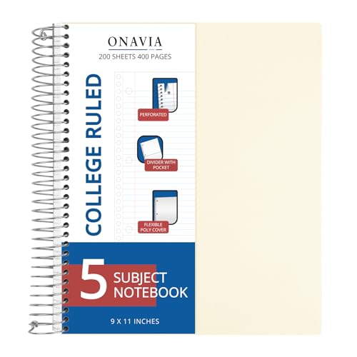 ONAVIA 5 Subject Spiral Notebook College Ruled, 400 Pages, Beige | 200 Sheets, 9 x 11 in, 6 Pack Waterproof Plastic Cover, Durable, School Notebooks, Classroom, Teachers - color: Beige