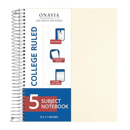 ONAVIA 5 Subject Spiral Notebook College Ruled, 400 Pages | 200 Sheets, 9 x 11 in, Waterproof Plastic Cover, Durable, 3-Hole Punched, Dividers, Pockets - color: Beige
