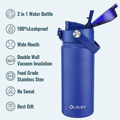 OLDLEY 18oz Insulated Water Bottle with 2-in-1 Straw & Chug Lid, Leakproof Stainless Steel Bottle, Cup Holder Friendly Vacuum Water Bottle for Travel, and School,Royal Blue - color: Royal Blue