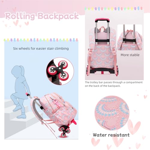 3Pcs Girls Rolling Backpack Kids Bookbag with Wheels Set Elementary Students Outdoors Trolley Schoolbag - color: Black/Blue 6 Wheels-b