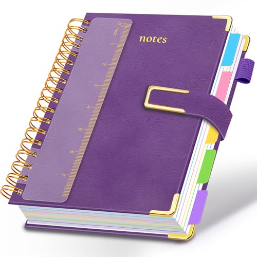 Hardcover Spiral Notebook College Ruled, 6.2"x 8.2" Leather Journal Notebook with Magnetic Closure, 300 Pages 5 Subject Notebook with Dividers Tabs Journal for Women Men, Work, School(Purple) - color: Purple, size: A5-6.2"x8.2"