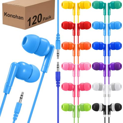 Konohan 120 Pack Bulk Earbuds for Classroom, Wired Headphones with 3.5mm Jack for K-12 Students, Individually Wrapped in-Ear Earphones for School Testing & Computer Lab, 12 Colors