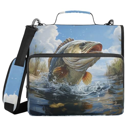 Bass Fish Binder Bag 3 Ring Zipper with Handle Shoulder Strap | for School Work Office Organizer Storage Case - color: Bass Fish