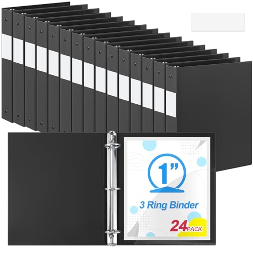 Henoyso 24 Pack 1 Inch 3 Ring Plastic Binders, Bulk Flexible PP Binders for Classroom & School Supplies, Letter Size 8.5 x 11, Holds 240 Sheets with Interior Pocket (Black) - color: Black