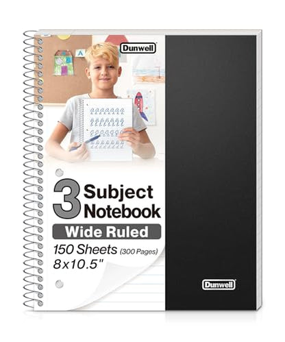 Dunwell 3-Subject Spiral Notebook, (Black) Plastic Cover, 150 Sheets (300 Pages) Wide Ruled 8x10.5 Paper, 3-Hole Punched Perforated Pages, 3 Divider Folders with Pockets - color: Black