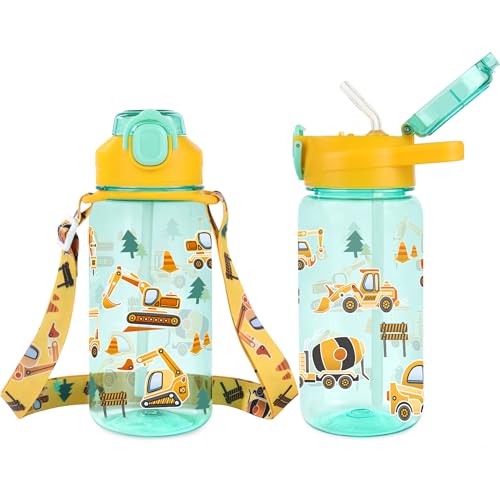 Excavator Kids Water Bottle for School 20oz with Strap, Straw Pop-Up Spout Cover and Carry Handle, Leak Proof Water Cup for Boys, Plastic Waterbottle for Sport Travel - color: Excavator Mint Green, size: 20.3 Ounces