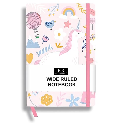 RICCO BELLO Wide Ruled Hardcover Diary Journal, Pink Unicorn | Bookmark, Band Closure, Storage Pocket, 5.7 x 8.4 Inches, 192 Pages - color: Pink Unicorn