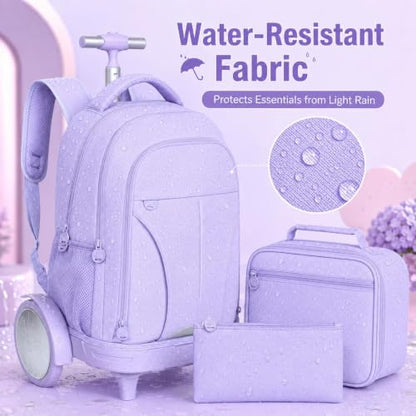 gxtvo Large Wheels & Quiet Glide | Rolling School Backpack for Women & Girls - Water-Resistant Wheeled Bag with Lunch Box for Office, Travel & College - Purple - color: Rolling Backpack Reflective Purple