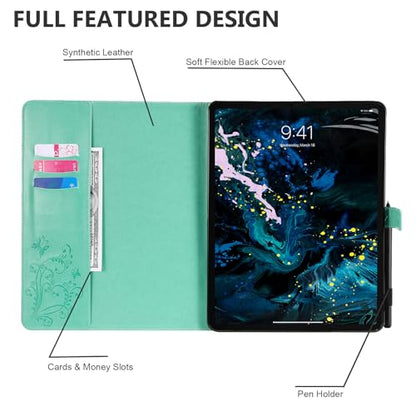 Dteck Wallet Case for iPad Air 13 Inch M2 2024 & iPad Pro 12.9 2022/2021/2020/2018 with Pencil Holder,Embossed Butterfly Auto Sleep/Wake PU Leather Smart Stand Girls Cute Folio Pocket Cover,Green - color: 10 Green