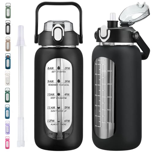 64oz Glass Water Bottles with Straw, Half Gallon Motivational Glass Bottle with Silicone Sleeve and Time Marker, 2L Leakproof Large Glass Water Jug for Gym Home Office,Black - color: Black, size: 64 Ounces