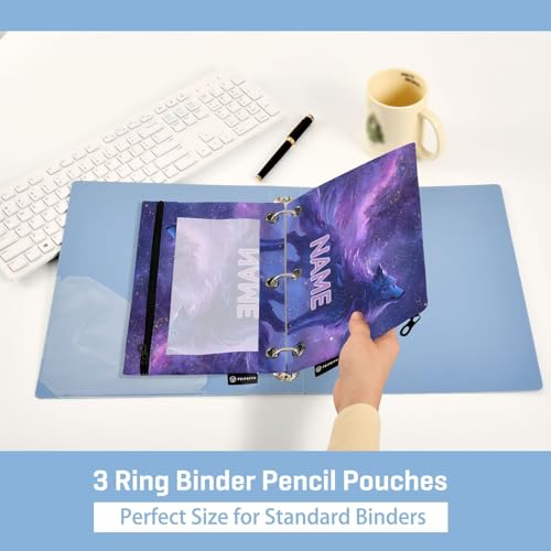 Custom Text Wolf Purple in Galaxy Pencil Pouch for 3 Ring Binder Personalized Text Photo Pencil Case Clear Window Pencils Bag for School Office 2 Packs - color: Custom Wolf Purple in Galaxy
