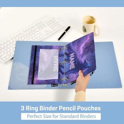 Custom Text Wolf Purple in Galaxy Pencil Pouch for 3 Ring Binder Personalized Text Photo Pencil Case Clear Window Pencils Bag for School Office 2 Packs - color: Custom Wolf Purple in Galaxy
