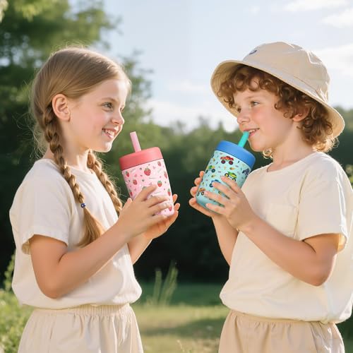 Fimibuke Kids & Toddler Cups Spill Proof, 12 OZ Insulated Sippy Cups for Toddlers Boys Girls, BPA-Free Toddler Straw Tumbler, Stainless Steel Kids Water Bottle with Twist Lids & Silicone Straw, 2 Pack - color: Dinosaur & Monster Trucks