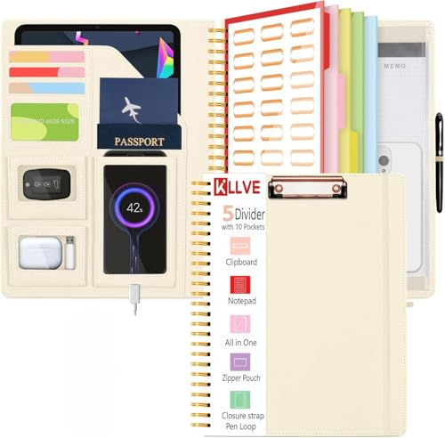 Beige Foldable Spiral Clipboard Folio with Storage Zipper Pouch, 5 Plastic Folders with Pockets,Refillable Lined Notepad (8.5" x 11"), Hardcover Project Organizer with 39 Stickers - color: Beige