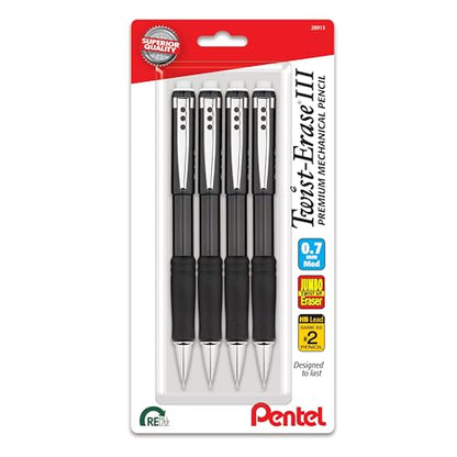 Pentel Twist-Erase III Mechanical Pencil, (0.5mm), Fine Line, Black Barrel, Pack of 4 (QE515BP4A)