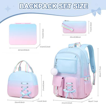 Scothen Backpack for Girls with Bento Lunch Box Set, School Bag Bookbag for Teens Girls Kids Student, 43oz Lunch Containers Lunchbox, Insulated Lunch Bag & Pencial Case, Back to School Gifts - color: Blue Pink