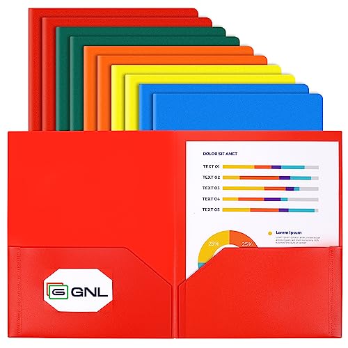 GNL Plastic Folders with Pockets, Pack of 10, Colored Heavy Duty 2 Pocket File Folders Letter Size, Pocket Folders for School, Home, and Office - color: General Colors, style: 10-Pack