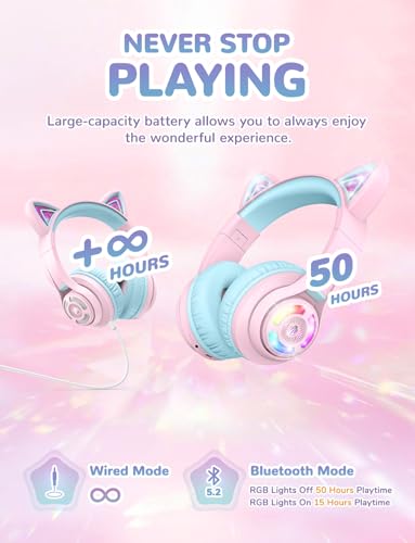 iClever BTH13 여아용 아동용 블루투스 헤드폰, LED 고양이 귀 여행 선물 | SafeSound Tech, 50시간 재생, USB C 충전, AUX 케이블, 스테레오 사운드, 태블릿용 마이크가 있는 아동용 헤드폰 무선, 핑크 - color: 핑크