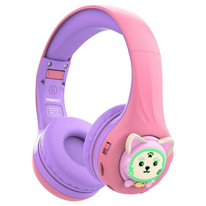 Riwbox CB-7S Kids Wireless Headphones,with Safe Volume Control 74/85/95dB,LED Glow Lights,50H Playtime,Bluetooth V5.3,Built-in Mic, TF Card Slot,for Travel/School/Phone/Laptop(Pink&Purple) - color: Pink&Purple