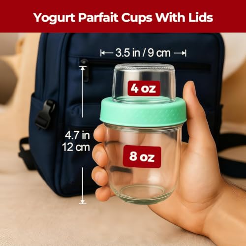 8+4 oz Glass Parfait Cups with Lids 4 Pack Yogurt Container Reusable | Dry Wet Separation, Overnight Oats Containers,Chia Pudding,Nuts, Fruit,Granola Toppings,Meal Prep Jars - color: Mixed color 5