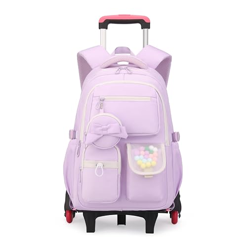Rolling Backpack for Girls Kids Backpack with Wheels Cute Girls Trolley Bags Rolling School Bag for Elementary Middle - color: Purple 6 Wheels