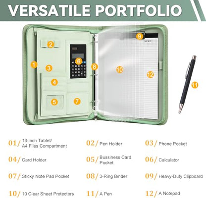 Leathario Portfolio Binder, Includes 5 Sheet Protectors and a Pen, 13 Inch Tablets Organizer, Vegan Leather A4 Padfolio, Multi-Pocket Notepad Business Planner Professional Document - color: Relief Green