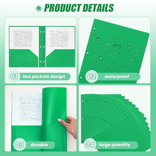 Yeaqee 72 Pcs Plastic Folders with Pockets Bulk 3 Hole Punched 2 Pocket File Folders for 3 Ring Binder Divider Folder for Notebooks, Durable Poly for Office Home (Green) - color: Green