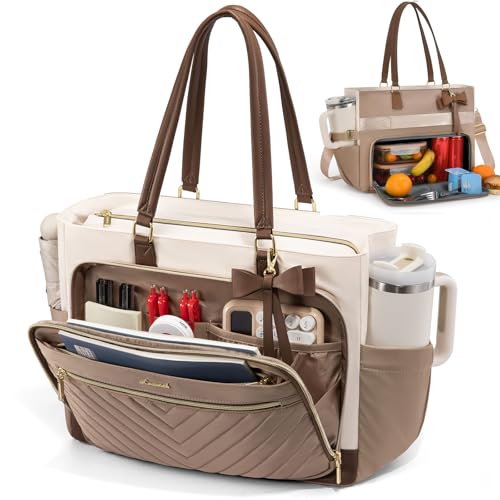 LOVEVOOK Lunch Bag, Insulated Lunch Bag with Laptop Compartment, Large Capacity Work Tote for Women, Teacher Tote Bag with Zipper Leakproof for Teacher, Nurse, Office, Khaki-Beige-Coffee, 17.3 Inch - color: Khaki-beige-coffee, size: 17.3 Inch With Lunch C