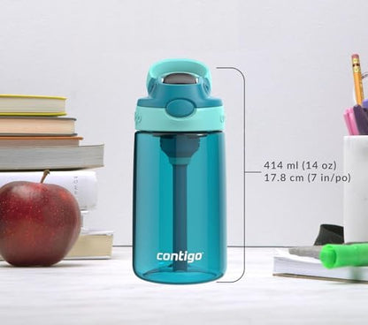 Contigo Kids Aubrey Straw Water Bottle with Leak-Proof Lid, BPA-Free Plastic, Dishwasher Safe, Juniper Jade Vine, 14 oz (414 mL)